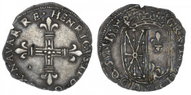 FRANCE / FÉODALES
Navarre, Henri III (1572-1589). Quart d’écu de Navarre 1585, Saint-Palais. Dy.1402 ; Argent - 9,62 g - 29 mm - 2 h
Flan court et i...