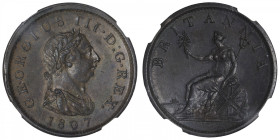 GRANDE-BRETAGNE
Georges III (1760-1820). Penny 1807, Soho. KM.663 ; Cuivre - 34 mm - 6 h
NGC MS 61 BN (5785675-001). Superbe.
