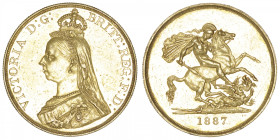 GRANDE-BRETAGNE
Victoria (1837-1901). 5 livres (5 pounds), jubilé de la Reine 1887, Londres. S.3864 - KM.769 - Fr.390 ; Or - 39,97 g - 36 mm - 12 h
...