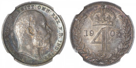GRANDE-BRETAGNE
Édouard VII (1901-1910). 4 pence 1903, Londres. KM.798 ; Argent - 17,5 mm - 12 h
NGC MS 64 (5785675-007). Superbe à Fleur de coin.