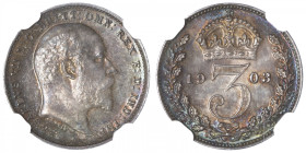 GRANDE-BRETAGNE
Édouard VII (1901-1910). 3 pence 1903, Londres. KM.797.1 ; Argent - 16 mm - 12 h
NGC MS 64 (5785675-006). Superbe à Fleur de coin.