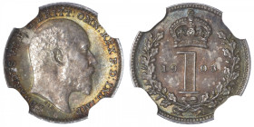 GRANDE-BRETAGNE
Édouard VII (1901-1910). 1 penny 1903, Londres. KM.795 ; Argent - 10 mm - 12 h
NGC MS 65 (5785675-004). Superbe à Fleur de coin.