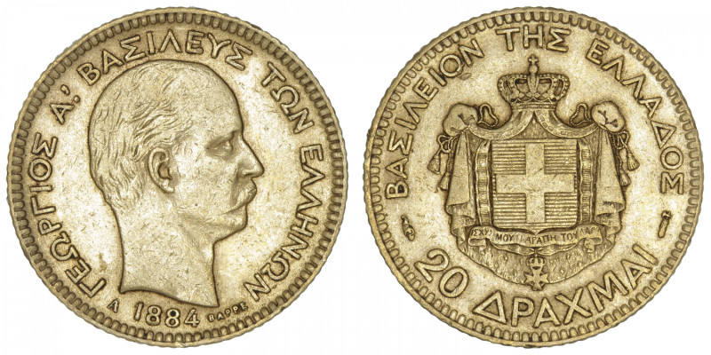 GRÈCE
Georges Ier (1863-1913). 20 drachmes Or 1884, A, Paris. Fr.18 ; Or - 6,42...