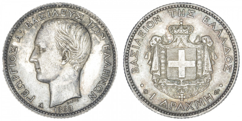 GRÈCE
Georges Ier (1863-1913). 1 drachme 1868, A, Paris. KM.38 ; Argent - 5 g -...