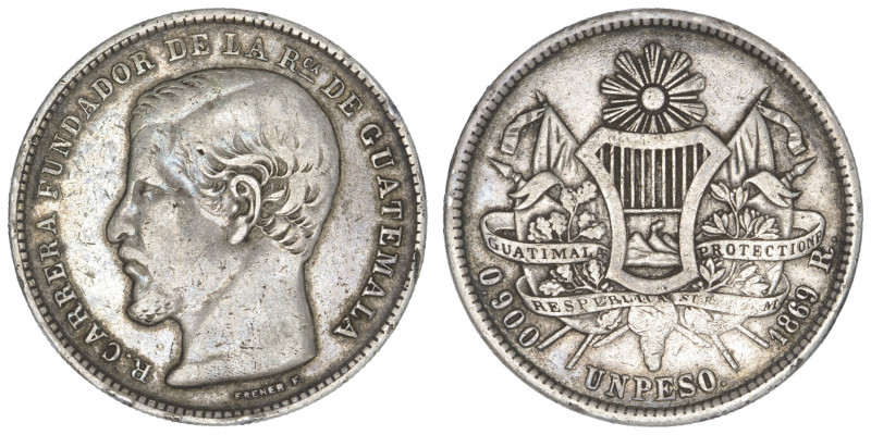 GUATEMALA
République. Un peso 1869/99 R. KM.190.2 ; Argent - 24,78 g - 37 mm - ...