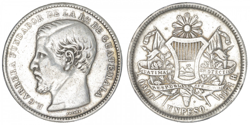 GUATEMALA
République. Un peso 1871 R. KM.190.1 ; Argent - 24,88 g - 37 mm - 6 h...