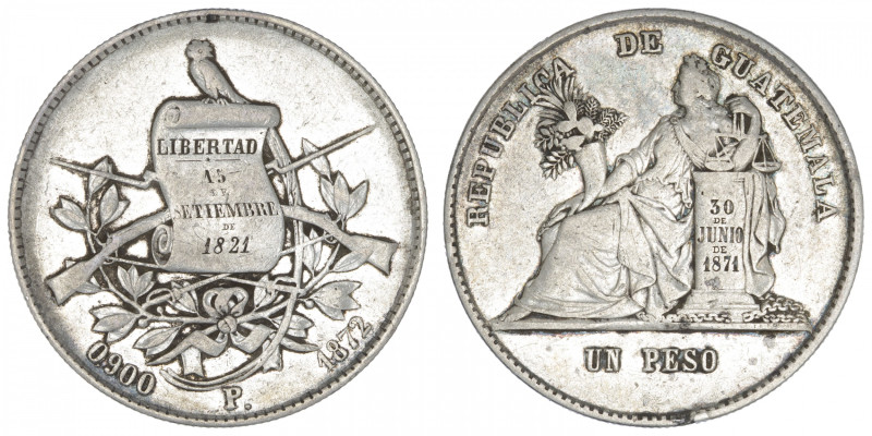 GUATEMALA
République. Un peso 1872 P. KM.197.1 ; Argent - 25,28 g - 37 mm - 6 h...