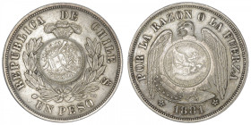GUATEMALA
République. Un peso contremarqué 1894/1881. KM.216 ; Argent - 25,10 g - 37 mm - 6 h
Beau TTB.