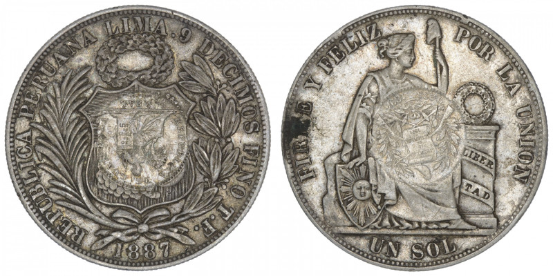 GUATEMALA
République. Un peso contremarqué 1894/1887 TF. KM.224 ; Argent - 24,8...