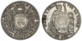 GUATEMALA
République. Un peso contremarqué 1894/1887 TF. KM.224 ; Argent - 24,84 g - 37 mm - 6 h
TTB.