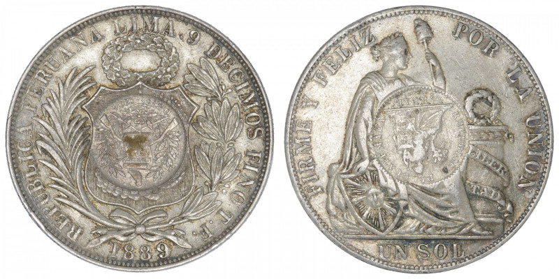 GUATEMALA
République. Un peso contremarqué 1894/1889 TF. KM.224 ; Argent - 24,9...