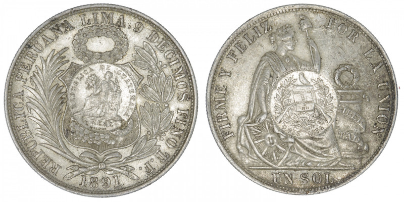 GUATEMALA
République. Un peso contremarqué 1894/1891 TF. KM.224 ; Argent - 24,9...