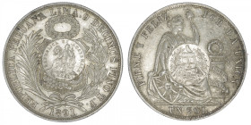 GUATEMALA
République. Un peso contremarqué 1894/1891 TF. KM.224 ; Argent - 24,98 g - 37 mm - 6 h
Superbe.