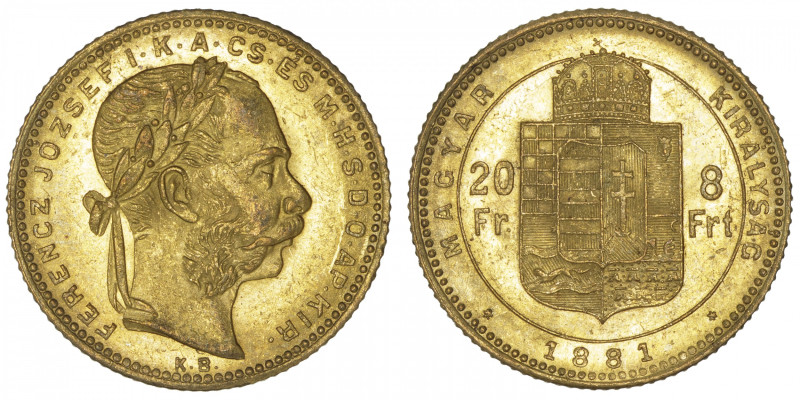 HONGRIE
François-Joseph Ier (1848-1916). 20 francs / 8 forint 1881, KB, Kremnit...