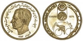 IRAN
Mohammad Reza Pahlavi (1941-1979). Médaille d’or pour les VIIe jeux asiatiques de Téhéran, cyclisme 1974. Or - 32,85 g - 36 mm - 12 h
Superbe à...