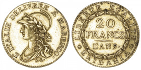 ITALIE
Gaule subalpine (1800-1802). 20 francs Marengo An 9 (1801), Turin. DMP.894 - M.6 - Fr.1172 ; Or - 6,43 g - 22 mm - 6 h
Légèrement nettoyé. Be...
