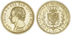 ITALIE
Savoie-Sardaigne, Charles-Félix (1821-1831). 80 lire 1827, Tête d’aigle, Turin. Fr.1132 ; Or - 25,78 g - 33 mm - 6 h
TTB.