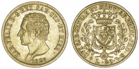 ITALIE
Savoie-Sardaigne, Charles-Félix (1821-1831). 20 lire 1828, Tête d’aigle, Turin. Fr.1136 ; Or - 6,39 g - 21 mm - 6 h
Beau TTB.