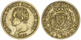 ITALIE
Savoie-Sardaigne, Charles-Félix (1821-1831). 20 lire 1828, Tête d’aigle, Turin. Fr.1136 ; Or - 6,39 g - 21 mm - 6 h
TTB.