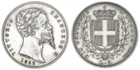 ITALIE
Savoie-Sardaigne, Victor-Emmanuel II (1849-1861). 5 lire 1859, Bologne. KM.13 ; Argent - 24,76 g - 37 mm - 6 h
Anciennement nettoyé. Très rar...