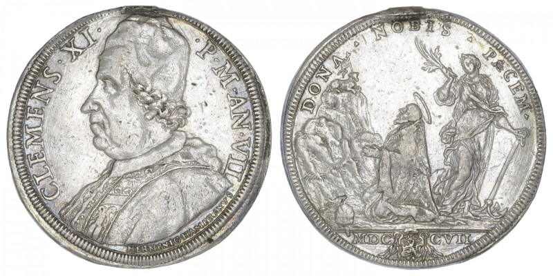 ITALIE
Vatican, Clément XI (1700-1721). Piastre 1707, Rome. KM.700 ; Argent - 3...