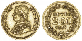 ITALIE
Vatican, Pie IX (1846-1878). 2,50 scudi 1857, R, Rome. Fr.273 ; Or - 4,32 g - 19 mm - 6 h
Type peu commun. TTB.