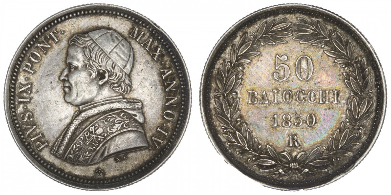 ITALIE
Vatican, Pie IX (1846-1878). 50 baiocchi 1850-IV, R, Rome. KM.1357 ; Arg...