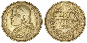 ITALIE
Vatican, Pie IX (1846-1878). 20 lire 1868, R, Rome. Fr.280 ; Or - 6,34 g - 21,5 mm - 6 h
TTB.