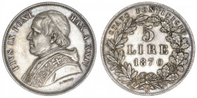 ITALIE
Vatican, Pie IX (1846-1878). 5 lire 1870 XXIV, R, Rome. KM.1385 ; Argent - 25,01 g - 37 mm - 6 h
TTB à Superbe.