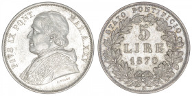 ITALIE
Vatican, Pie IX (1846-1878). 5 lire 1870 XXV, R, Rome. KM.1385 ; Argent - 24,93 g - 37 mm - 6 h
TTB.