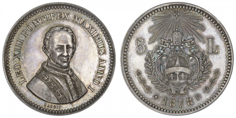 ITALIE
Vatican, Léon XIII (1878-1903). Épreuve de 5 lire 1878, B, Bruxelles. Mo...