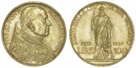 ITALIE
Vatican, Pie XI (1922-1939). 100 lire 1934, Rome. Fr.284 ; Or - 8,79 g - 23,5 mm - 6 h
Anciennement monté. Traces de griffes de monture sinon...