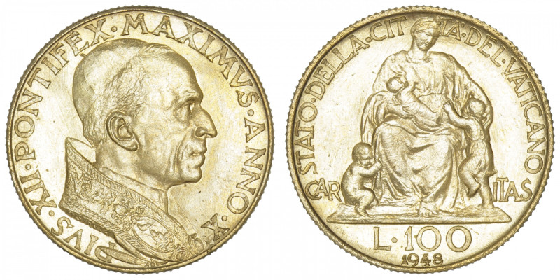 ITALIE
Vatican, Pie XII (1939-1958). 100 lire 1948, Rome. Fr.288 ; Or - 5,20 g ...