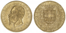 ITALIE
Victor-Emmanuel II (1861-1878). 20 lire 1865, T, Turin. Fr.11 ; Or - 6,44 g - 21 mm - 6 h
Sublime brillant d’origine. Superbe.