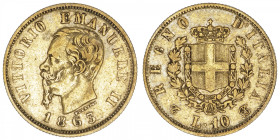 ITALIE
Victor-Emmanuel II (1861-1878). 10 lire 1863, T, Turin. Fr.15 ; Or - 3,16 g - 19 mm - 6 h
TTB.