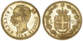 ITALIE
Umberto I (1878-1900). 20 lire, date espacée 1882, R, Rome. Fr.21 ; Or - 6,42 g - 21 mm - 6 h
Avec le 2 du millésime plus éloigné. TTB.