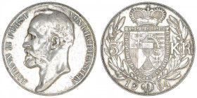 LIECHTENSTEIN
Jean II, prince (1858-1929). 5 francs 1904. KM.4 ; Argent - 23,94 g - 37 mm - 12 h
TTB.
