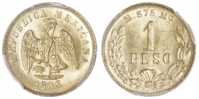 MEXIQUE
République du Mexique (1821-1917). 1 peso 1903, M°, Mexico. Fr.157 ; Or - 14 mm - 6 h
PCGS MS65 (39128449). Avec la petite date. Fleur de co...