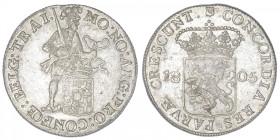 PAYS-BAS
République batave (1795-1806). Ducat d’argent 1805, Utrecht. KM.10.4 ; Argent - 28,15 g - 40 mm - 12 h
Beau brillant d’origine. TTB à Super...