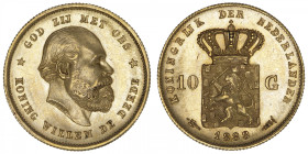 PAYS-BAS
Guillaume III (1849-1890). 10 gulden (10 florins) 1888. Fr.342 ; Or - 6,71 g - 22,5 mm - 6 h
Rare millésime. Superbe.