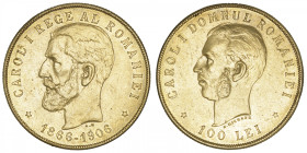 ROUMANIE
Charles Ier de Roumanie (1866-1914). 100 lei, 40e anniversaire de règne 1906, Bruxelles. Fr.4 - KM.40 - Stamb.67 ; Or - 32,21 g - 35 mm - 12...