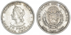 SALVADOR
République du (depuis 1821). Un peso 1894, San Salvador. KM.115.1 ; Argent - 24,77 g - 37 mm - 6 h
Coup sur tranche à 8 h. TTB.