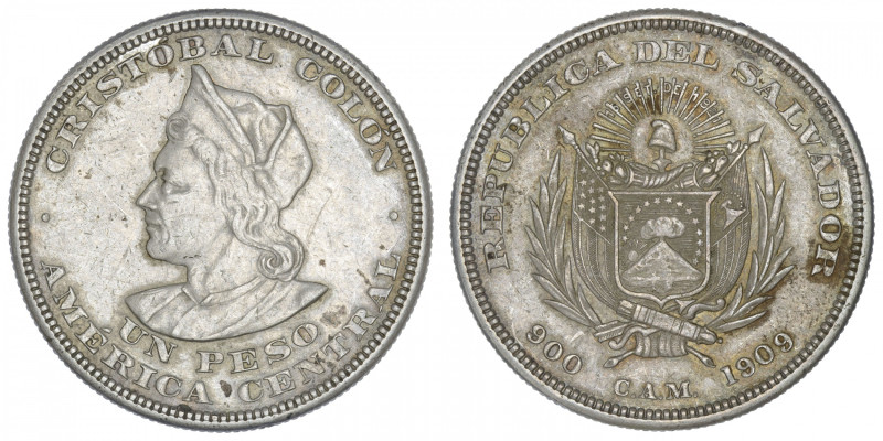 SALVADOR
République du (depuis 1821). Un peso 1909, San Salvador. KM.115.2 ; Ar...