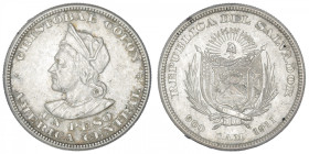 SALVADOR
République du (depuis 1821). Un peso 1911. KM.115.2 ; Argent - 24,99 g - 37 mm - 6 h
Frappé à Philadelphie et San Francisco. Beau TTB.