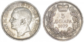 SERBIE
Michel Obrenović IV (1882-1889). 5 dinara 1879. KM.12 ; Argent - 24,92 g - 37 mm - 12 h
TTB.