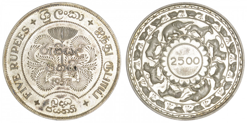 SRI LANKA (CEYLAN)
Élisabeth II (1952-2022). 5 roupies, Flan bruni (PROOF) 1957...