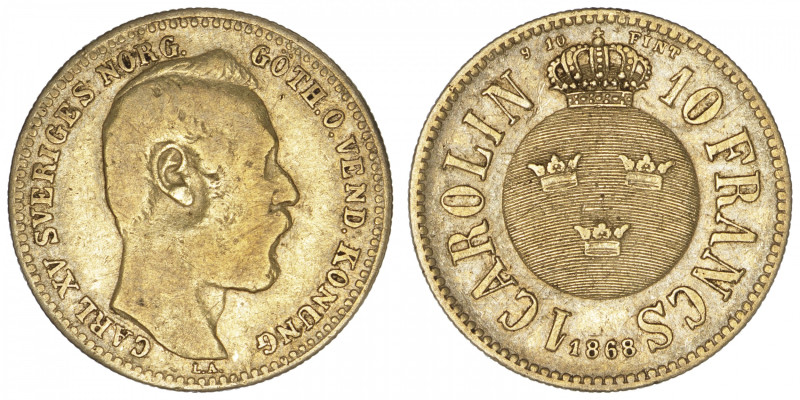 SUÈDE
Charles XV (1859-1872). Carolin / 10 francs 1868. Fr.92 ; Or - 3,16 g - 1...