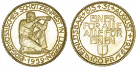 SUISSE
Confédération Helvétique (1848 à nos jours). 100 francs Lucerne 1939, B, Berne. Fr.506 ; Or - 17,49 g - 27 mm - 6 h
Fleur de coin.