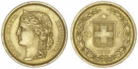 SUISSE
Confédération Helvétique (1848 à nos jours). 20 francs 1883, Berne. Fr.495 ; Or - 6,47 g - 21 mm - 6 h
Superbe.
