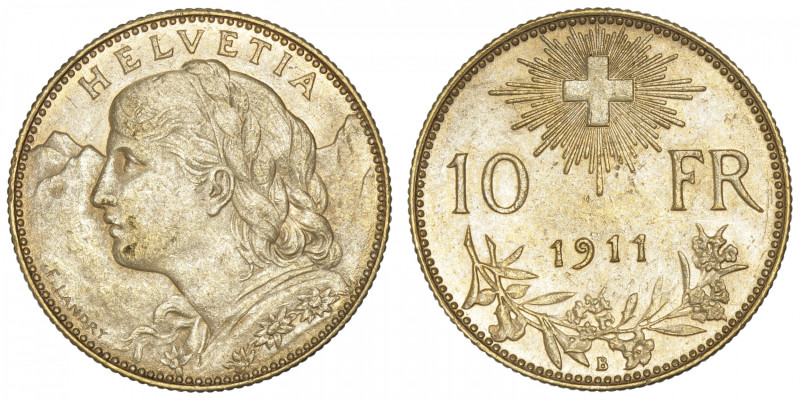 SUISSE
Confédération Helvétique (1848 à nos jours). 10 francs 1911, B, Berne. F...